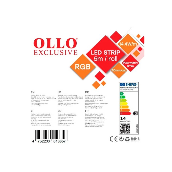 LED-riba 5050, RGB, IP20, 12V, 14,4W,  5m