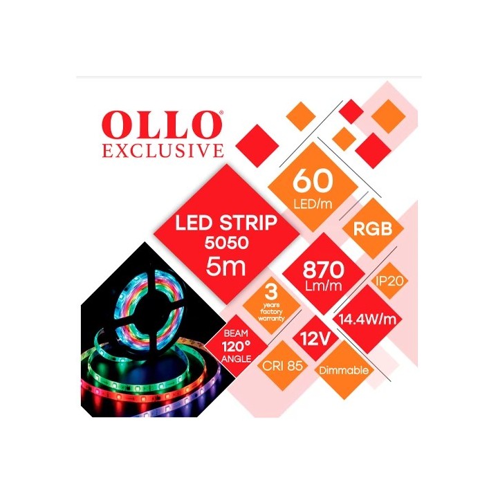 LED-riba 5050, RGB, IP20, 12V, 14,4W,  5m
