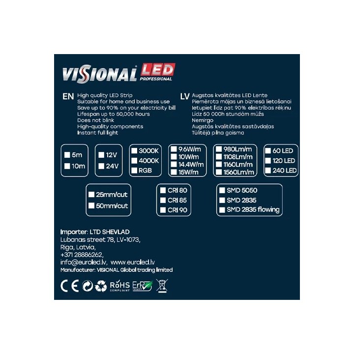 LED-riba 2835, 4000K, IP20, 12V, 9,6W, 5m