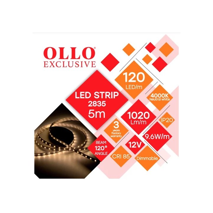 LED-riba 2835, 4000K, IP20, 12V, 9,6W, 5m