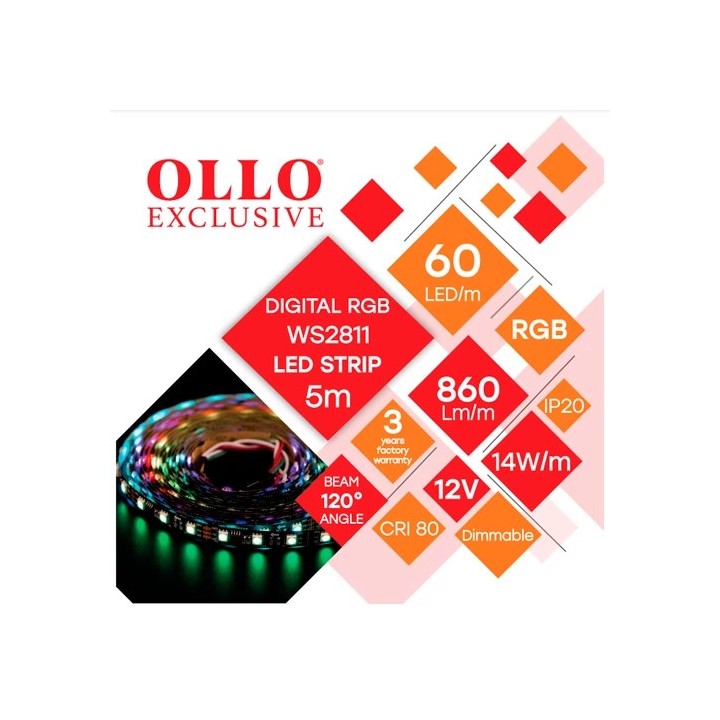 Adresseeritav LED-riba WS2811, digitaalne RGB, IP20, 12V, 14W, 5m