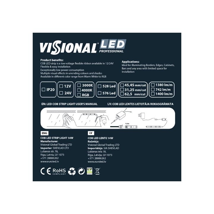 LED-riba COB RGB, IP20, 24V, 14W, 5m