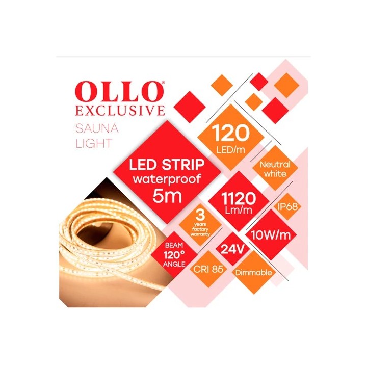 LED лента для бани и сауны 2835, 4000K, IP68, 24V, 10W, 5m