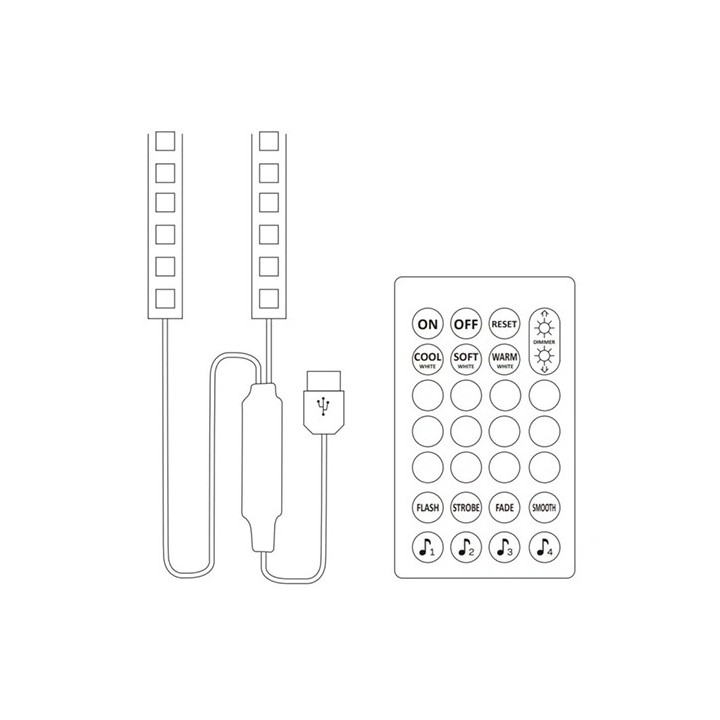 LED Лента с пультом для освещения телевизора, 8W, RGBW, 5V USB, 2x 1m, IP20
